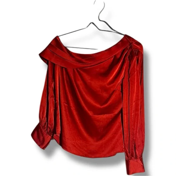 Express NWT Chic Scarlet Asymmetrical Long Sleeve Silky Cowl Neck Women's Blouse - Picture 14 of 16